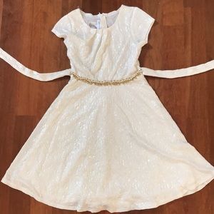 Special occasion cream colored dress size 12 with pearls and golden belt decor